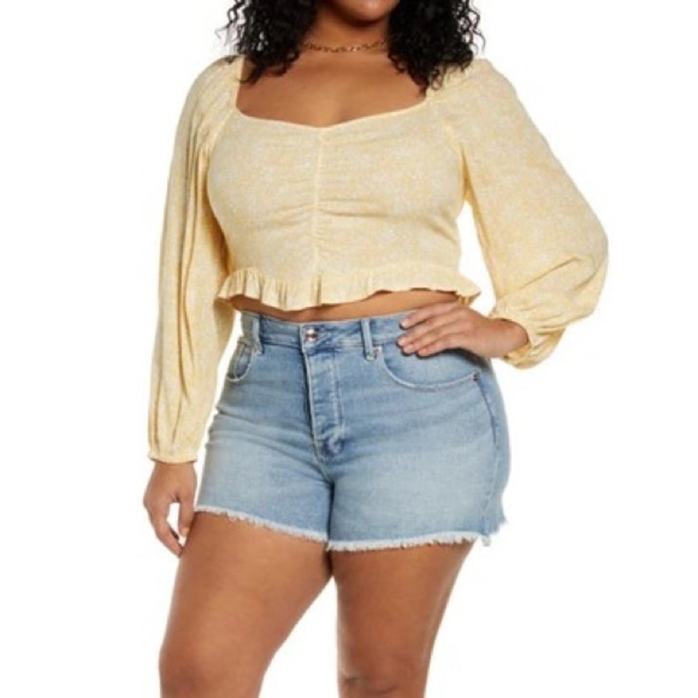 (A5) BP. Yellow Retro Meadow Floral Print Sweetheart Neck Crop Top, Size 1X, NWT